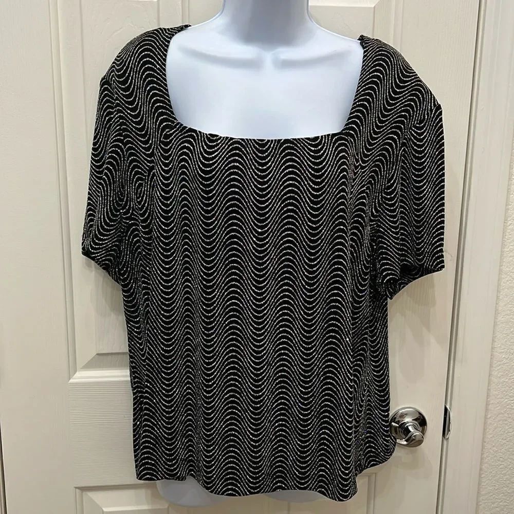 Ronni Nicole Top Womens Medium Glitter Stretchy Black Square Neck Short Sleeve